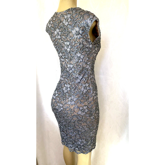 Baccio Couture Dress Floral Pewter Gray Swarovski Textured Sleeveless Sh… - Picture 5 of 10